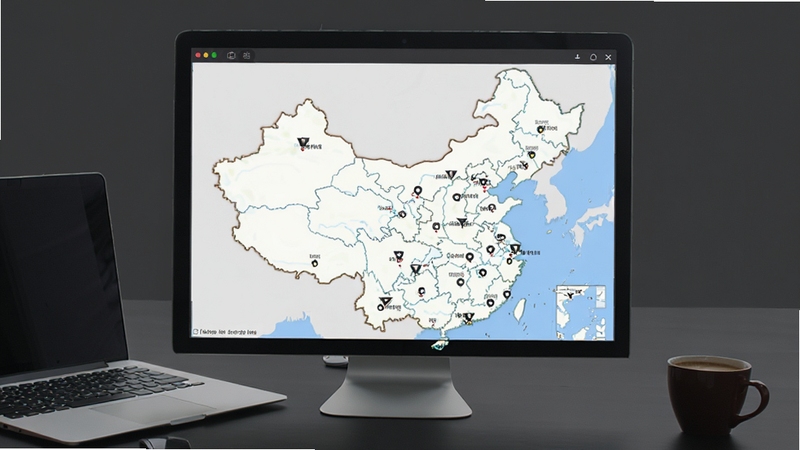 电脑离线地图软件主界面展示,画面中央为一张打开的全国地图,标注多个省份城市节点,背景为深灰色办公桌面环境,屏幕旁放置一台笔记本电脑和一杯咖啡,整体风格简洁商务,突显离线地图软件的核心全貌