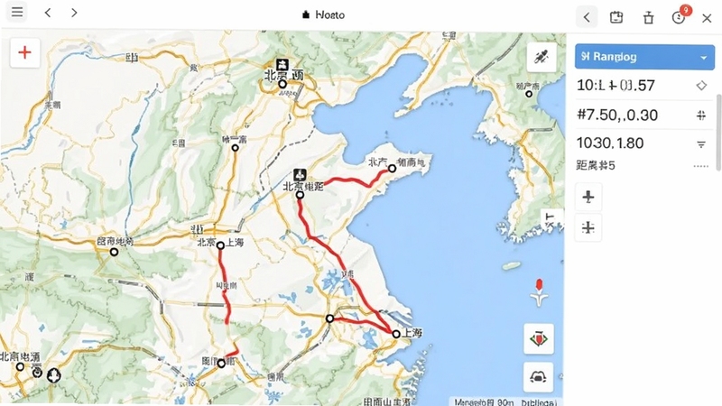 电脑离线地图路线测距功能操作截图,画面显示一条从北京到上海的红色路线轨迹,地图上标注多个途经点,右侧面板展示距离数值,背景为白色简洁界面,突显实用工具属性
