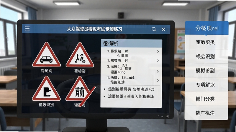 大众驾驶员模拟考试专项练习界面,屏幕上显示交通标志识别题目与解析,旁边有分类菜单,背景为虚拟驾校教室