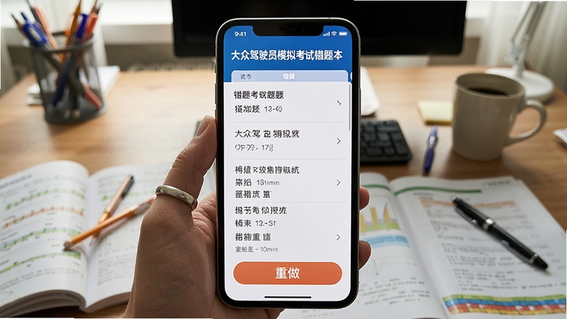 大众驾驶员模拟考试错题本功能展示,手机屏幕显示错题列表与重做按钮,背景为书桌与学习资料