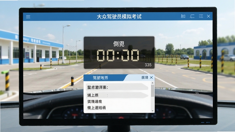 大众驾驶员模拟考试软件界面展示,全真模拟考试系统正在运行,屏幕中央显示倒计时与答题卡,背景为驾校训练场,风格简洁明亮