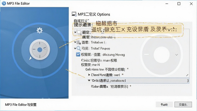 MP3 File Editor ��װ�����ý����ͼ������չʾ��װ���е��Զ���ѡ�������ѡ���裬����Ϊ��ɫ��ര�ڣ�ͻ���ܿ���ʾ��Ȩ����������