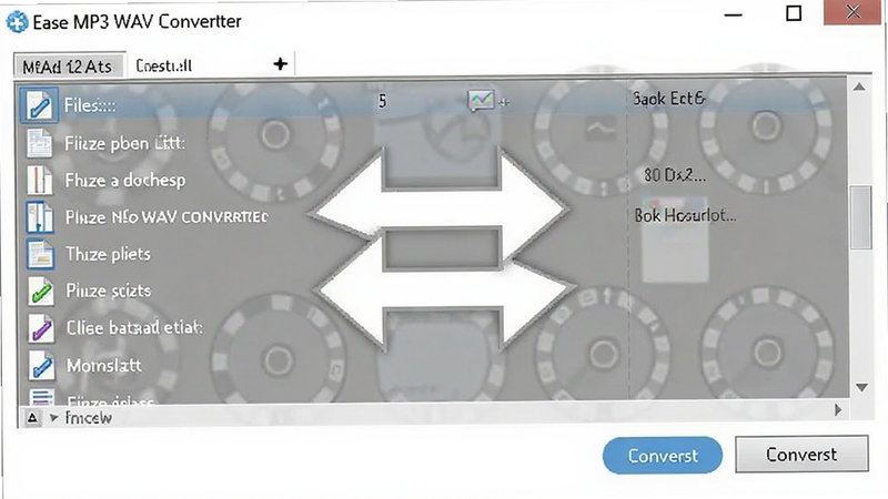 Ease MP3 WAV Converter �������������ͼ��չʾ�ļ��б���ת����ť������Ϊ����ɫ������Ԫ�������ɼ���ͻ��˫��ת����ͷͼ��