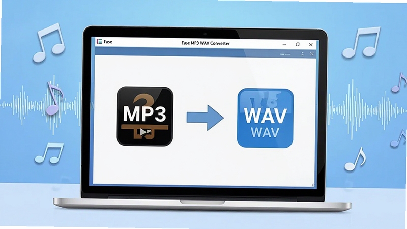 ��������չʾһ̨�򿪵ıʼǱ����ԣ���Ļ����ʾ Ease MP3 WAV Converter �������棬���ΪMP3ͼ�꣬�Ҳ�ΪWAVͼ�꣬�м���ת����ͷ�������Ǽ���ǳ��ɫ�������棬��Χɢ������������Ƶ����װ��Ԫ�أ������������ִ����ʺ���������վ��ͼ