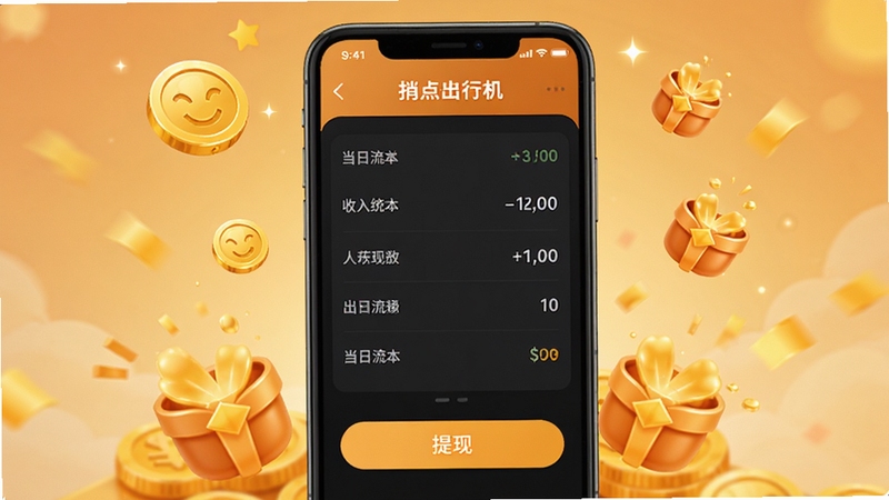 捎点宝出行司机端收入统计页面截图风格,手机屏幕显示当日流水账单与提现按钮,周围有金币与奖励图标点缀,暖色调温馨氛围,突出收益增长感