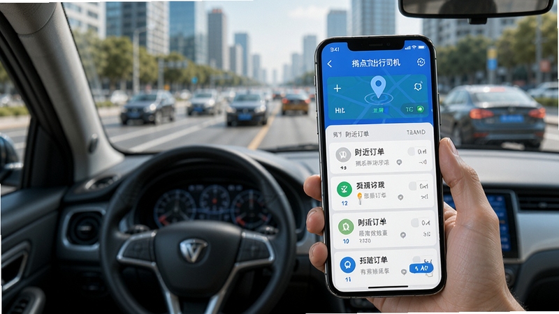 捎点宝出行司机端APP主界面展示,手机屏幕显示地图定位与附近订单列表,蓝色科技感UI风格,司机手持手机查看接单页面,背景为城市道路与车辆,画面清晰明亮