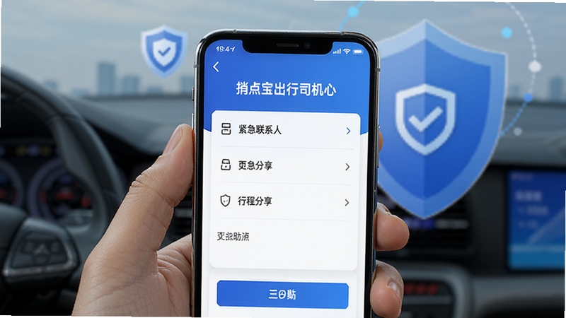 捎点宝出行司机端安全中心页面展示,手机屏幕显示紧急联系人设置与行程分享功能,背景为蓝色盾牌与安全图标,营造安心可靠的视觉感受
