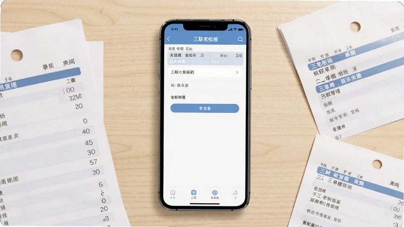 三联老板报表三联单据管理功能展示图,画面中心为一部智能手机,屏幕显示三联单录入界面,周围散落几张纸质单据作为对比,背景为浅色木质桌面,风格商务简洁