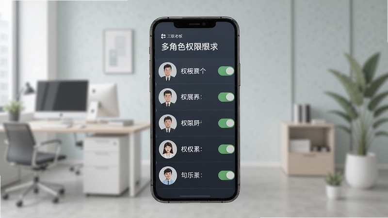 三联老板报表多角色权限管理示意图,画面展示手机屏幕中不同用户头像与权限开关列表,背景为简约办公环境,色彩柔和,突出权限分级概念