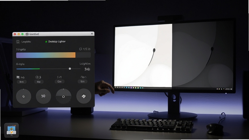 Desktop Lighter ���ڵ��������ʾ�����ȵĳ���ͼ���������Ϊ�������������ʾ������ֵ�仯���Ҳ�Ϊ��ʾ����Ļ�����䰵�ĶԱ�Ч�����������м��̺���꣬����ɫ��ƫ��ͻ����Ļ��Ч�仯��Desktop Lighter ����ͼ�����ڽ���