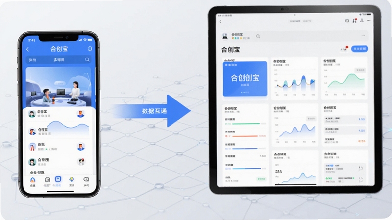 �ϴ���С������APP����ͬ��ʾ��ͼ���������Ϊ�ֻ�չʾС������棬�Ҳ�Ϊƽ��չʾAPP���ݿ��壬�м��ü�ͷ���ӱ�ʾ���ݻ�ͨ������Ϊ����ɫ�Ƽ������������������죬ͻ���ϴ������Эͬ
