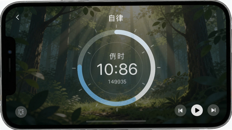 自律计划APP专注计时界面,手机屏幕显示圆形倒计时进度条,背景为静谧的森林场景,有光线透过树叶洒下,画面角落有播放控制按钮,整体氛围安静舒缓
