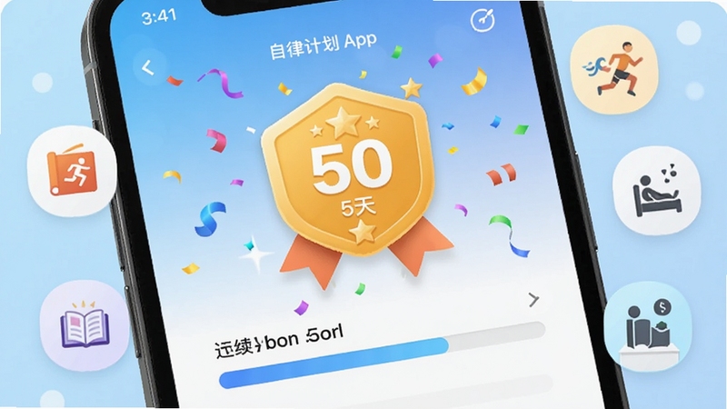 自律计划APP打卡界面特写,手机屏幕显示连续打卡50天的成就徽章和进度条,周围环绕着代表阅读、运动、早睡等习惯的小图标,背景为淡蓝色渐变,画面中心有庆祝彩带效果,风格活泼明快