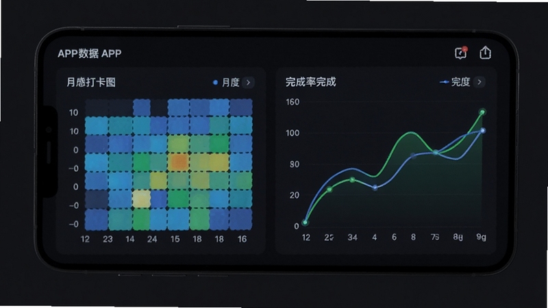自律计划APP数据统计页面,手机屏幕显示月度打卡热力图和完成率折线图,背景为深色模式界面,图表色彩鲜明,有蓝色和绿色数据线交错,整体呈现专业数据分析风格