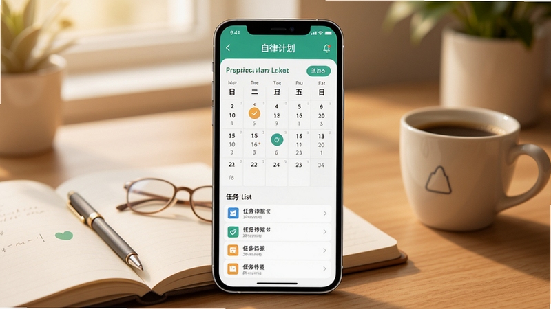 自律计划APP主界面展示,画面中央是一部智能手机,屏幕上显示自律计划应用的打卡日历和任务列表界面,背景为柔和的书桌场景,有笔记本和咖啡杯,整体色调温暖清新,扁平化设计风格,细节清晰,适合软件下载站展示