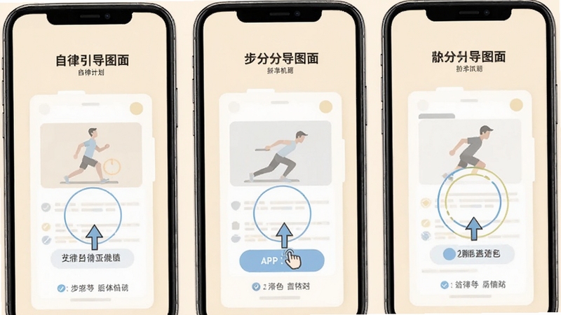 自律计划APP新手引导页面,手机屏幕显示分步操作图示,有箭头指示点击位置,背景为柔和的米色,画面简洁明了,适合作为教程配图