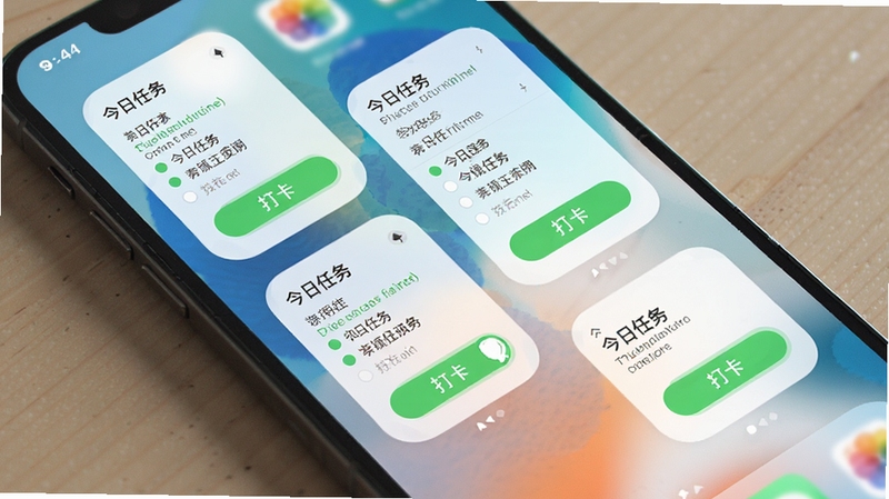 自律计划APP桌面小组件展示,手机主屏幕上排列着不同尺寸的自律计划小组件,显示今日任务清单和打卡按钮,背景为清新的浅色壁纸,整体呈现简洁有序的手机桌面布局