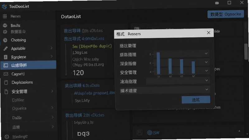 ToDoList 数据导出与备份功能操作界面,画面展示软件菜单中导出选项被选中,右侧弹出格式选择对话框,背景为深色主题界面,体现数据管理的便捷与安全