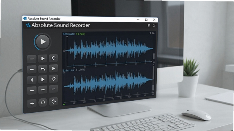 Absolute Sound Recorder ��������ȫòչʾ������λ�ڻ�������ƫ�󣬳��ּ���¼����������벨����ʾ���򣬱���Ϊǳ��ɫ�칫���滷������������ˬרҵ������ Boogu ģ������