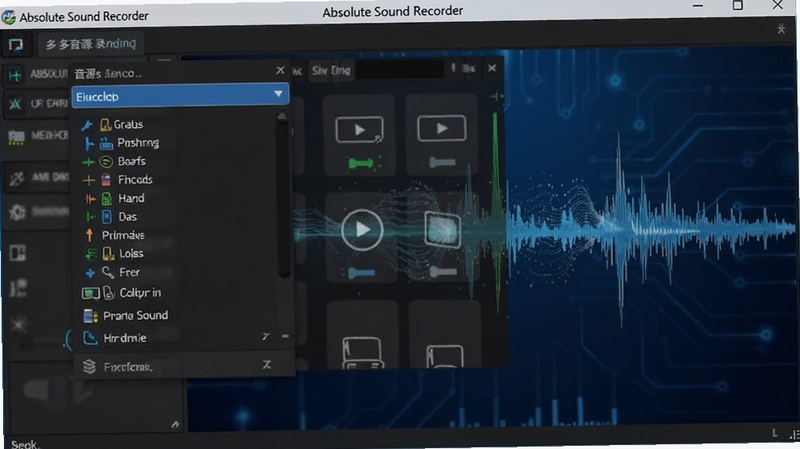 Absolute Sound Recorder ����Դ¼�ƹ���չʾ����������Ϊ��������Դѡ�������˵����豸ͼ�꣬��������Ϊ����ɫ�Ƽ��н��䣬ͻ����Ƶ�ź��������Ӿ�Ч��