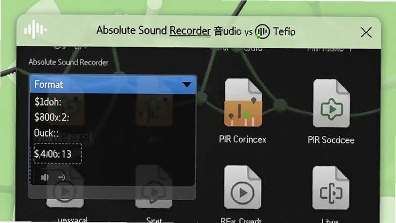 Absolute Sound Recorder ��Ƶ��ʽѡ����棬����Ϊ��ʽ�����˵����ļ�ͼ�꣬����Ϊǳ��ɫ���·��ͻ�����ʽ��������
