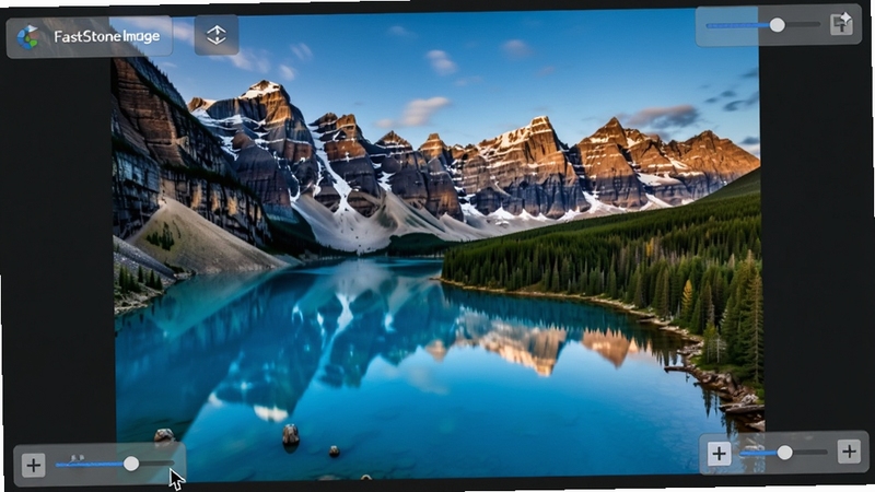 FastStone Image Viewer ȫ�����ģʽ��������һ�Ÿ���羰��Ƭռ����Ļ���룬���ܱ�Ե��Լ�ɼ���͸�����ܰ�ť�����ָ����ͣ�����Ż����ϣ�������ֳ���ʽ��ͼ���飬����Ϊ��ɫ