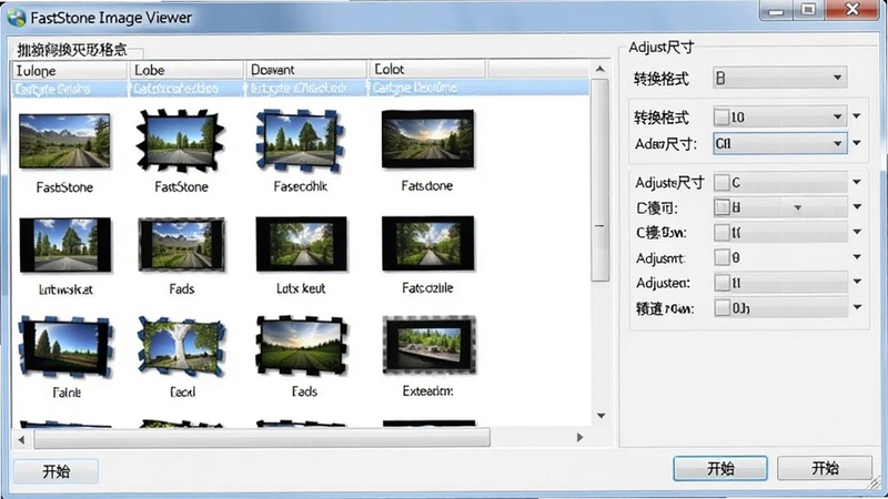 FastStone Image Viewer �����������ڽ��棬��������ʾ���ͼƬ�ļ��б����Ҳ���ת����ʽ�͵����ߴ��ѡ����壬�ײ��п�ʼ��ť���������Ϊǳ��ɫ�������ֹ�����ͻ��������������