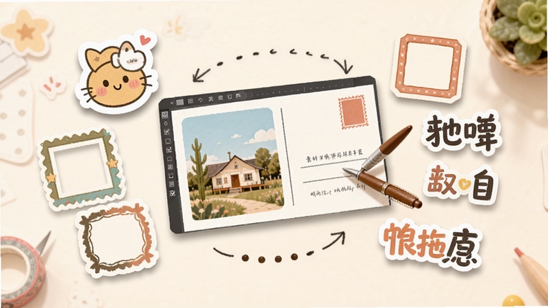 明信片制作大师素材工坊页面,画面中央是一张正在编辑的明信片,周围漂浮着贴纸、边框、艺术字等素材元素,背景为柔和的米白色,素材图标带有轻微阴影,整体呈现轻松愉快的创作氛围,突出素材丰富、拖拽使用的特点