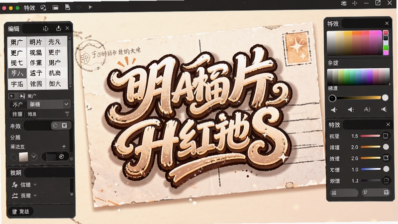 明信片制作大师文字特效编辑界面,画面中央是一张明信片上的艺术字祝福语,文字带有描边和阴影效果,周围显示字体选择、颜色调整和特效参数面板,背景为暖白色,整体突出文字美化功能的直观与多样
