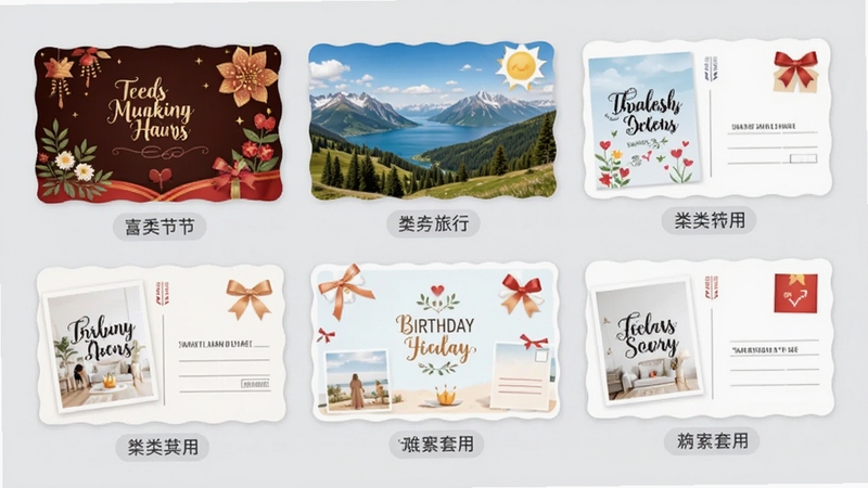 明信片制作大师模板中心界面,画面主体为六张不同风格的明信片模板整齐排列在浅灰色背景上,每张模板分别展示节日祝福、风景旅行、生日邀请等主题,模板缩略图下方带有分类标签,整体风格清新明亮,突出模板丰富、一键套用的便捷感