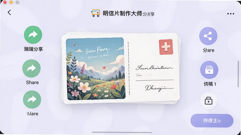 明信片制作大师分享与保存界面,画面中央是一张精美的电子明信片,周围环绕着分享图标和保存按钮,背景为柔和的淡紫色,整体突出多端分享与草稿保存的便捷性