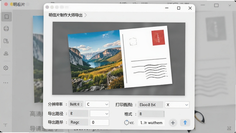 明信片制作大师导出设置窗口,画面主体为一张已完成的明信片预览图,下方显示分辨率、格式、导出路径等选项,背景为简洁的浅色界面,整体突出高清导出与打印适配的实用性