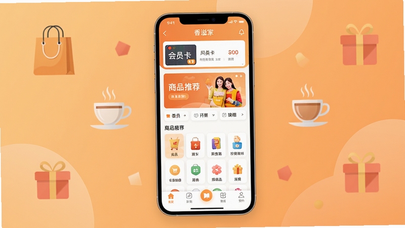 �����Ӧ��������ȫ��չʾ����������Ϊ�ֻ���Ļ����ͼ����Ļ�ڳ��������APP��ҳ���֣�������Ա����ڡ���Ʒ�Ƽ����������ͼ��������ײ�����������������Ϊ��͵�ů��ɫ���䣬��׺������������ѳ���Ԫ���繺������豭����еȱ�ƽ��ͼ�꣬�����������ִ�������Booguģ�����ɡ�