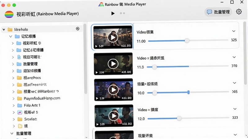 视彩听虹(Rainbow Media Player)播放列表管理界面,左侧为文件目录树,右侧为已添加的视频列表,每个条目显示时长与进度条,界面采用浅色主题,图标精致,突出记忆续播与批量管理功能