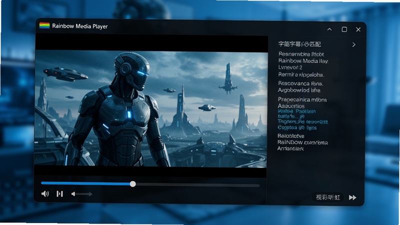 视彩听虹(Rainbow Media Player)播放界面特写,画面中显示正在播放一部科幻电影,底部有进度条与音量控制,右侧弹出字幕设置面板,字幕清晰可见,背景虚化突出播放窗口,整体色调偏冷蓝,体现智能字幕匹配功能