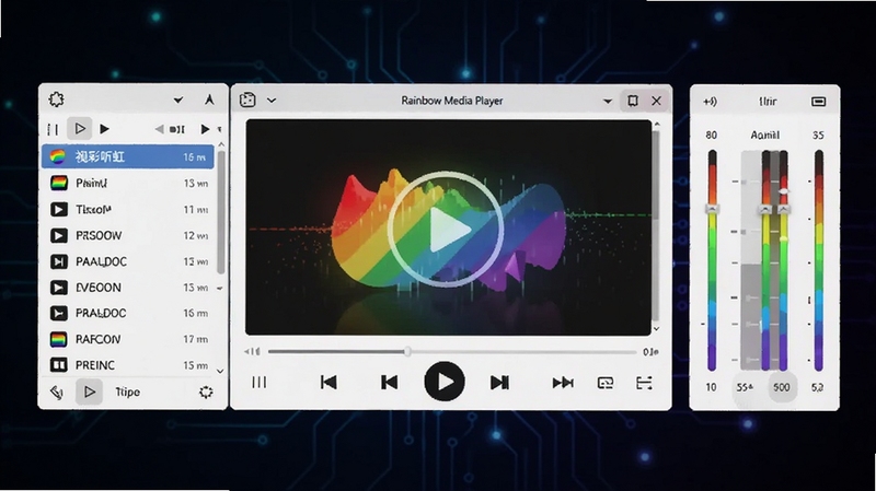 视彩听虹(Rainbow Media Player)软件主界面全貌展示,画面中央为播放窗口,左右两侧分布着播放列表与均衡器面板,背景为深色科技感渐变,整体布局清晰,突出全能播放器的专业感与简洁风格,适配Boogu模型生成
