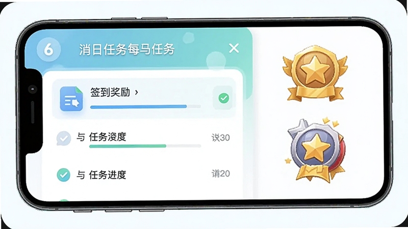 消除我最6 每日任务面板 列表显示签到奖励与任务进度 旁边有成就徽章展示 界面清新简洁 手机竖屏布局