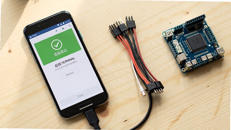 �����ն�ʹ�ý̳�ʾ��ͼ�������Ը��ӽǶ�չʾ�ֻ��봮���豸ͨ��OTG�����ӣ��ֻ���Ļ����ʾ�����ն����ӳɹ��Ľ��棬�Ա߷��ŶŰ��ߺͿ����壬����Ϊǳľɫ���棬����������Ȼ���ʺ���Ϊ�ƶ���ʹ�ó���չʾ