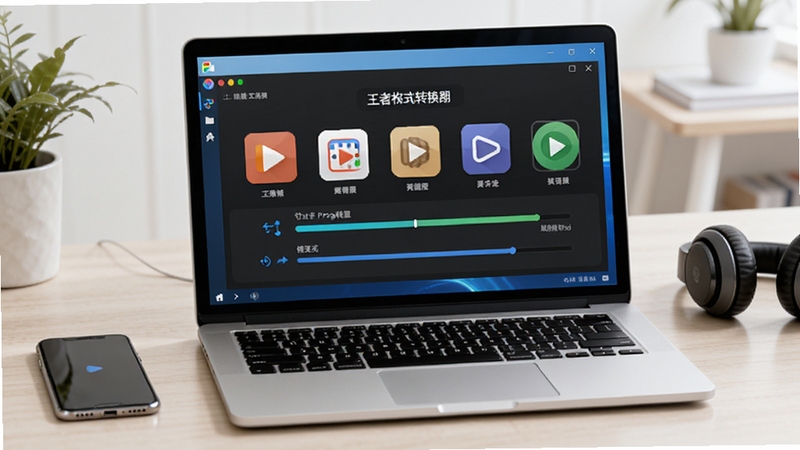 画面中央一台打开的笔记本电脑,屏幕上显示王者视频格式转换器软件界面,界面中有清晰的视频格式图标与转换进度条,背景是整洁的浅色办公桌面,旁边放着一部智能手机和一副耳机,整体风格清爽明亮,突出软件操作简单与视频转换主题