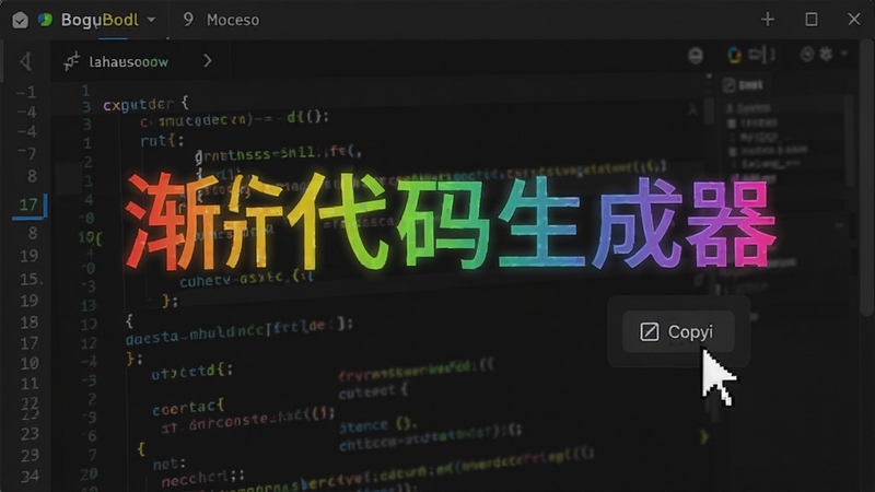 渐变文字代码生成器 实时预览功能展示 画面中文字呈现彩虹渐变效果 鼠标光标悬停在复制按钮上 背景为深色代码编辑器界面 细节清晰 适配Boogu模型生成