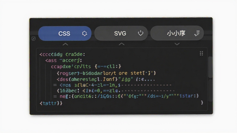 渐变文字代码生成器 代码输出格式选择界面 展示CSS SVG 小程序三种选项按钮 下方代码框内显示彩色语法高亮 背景为深灰色工作区 适配Boogu模型生成