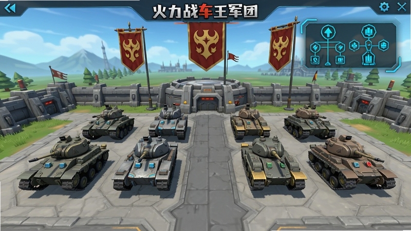 火力战车王军团界面,多辆战车排列在军团基地中,背景有军团旗帜与科技树图标,画面风格整洁明亮,适配Boogu模型生成