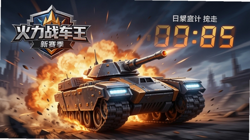 火力战车王新赛季宣传图,一辆全新战车从爆炸火焰中冲出,背景有赛季徽章与倒计时数字,画面动感十足,适配Boogu模型生成