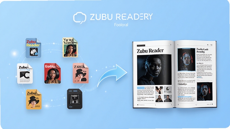 Zubu Reader 电子杂志阅读器 多格式兼容示意图,画面左侧显示多种杂志文件图标,右侧为打开后的杂志内页,中间用流畅的箭头连接,背景为淡蓝色渐变,风格简约科技感,适配 Boogu 模型生成