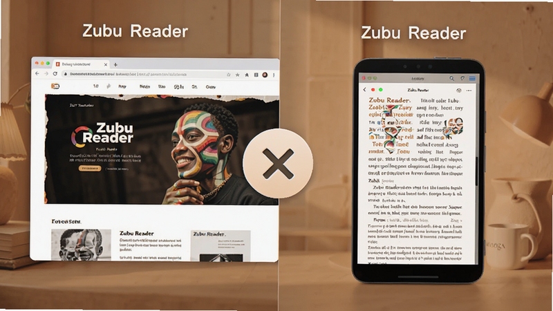 Zubu Reader 电子杂志阅读器 在线阅读与本地阅读对比场景图,画面左侧为浏览器网页阅读杂志,右侧为Zubu Reader本地阅读界面,中间用对比符号分隔,背景为柔和暖色调,风格清新简洁,适配 Boogu 模型生成