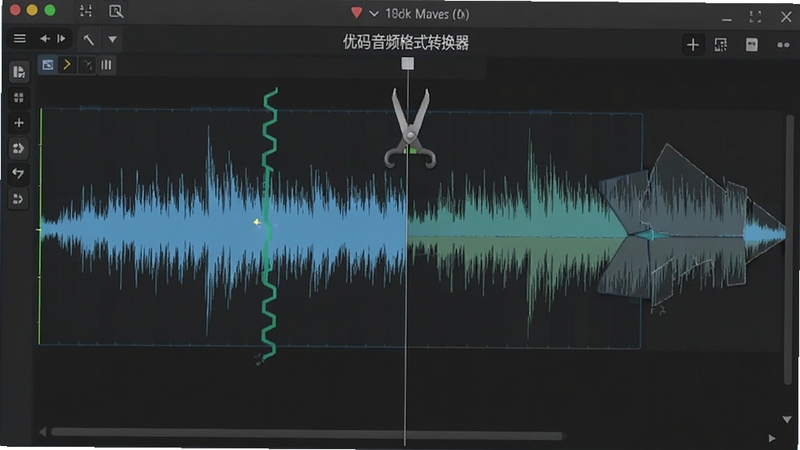 优码音频格式转换器音频剪切与合并功能示意图,画面中显示波形图被切割和拼接的过程,背景为深灰色工作区,突出编辑操作的直观性
