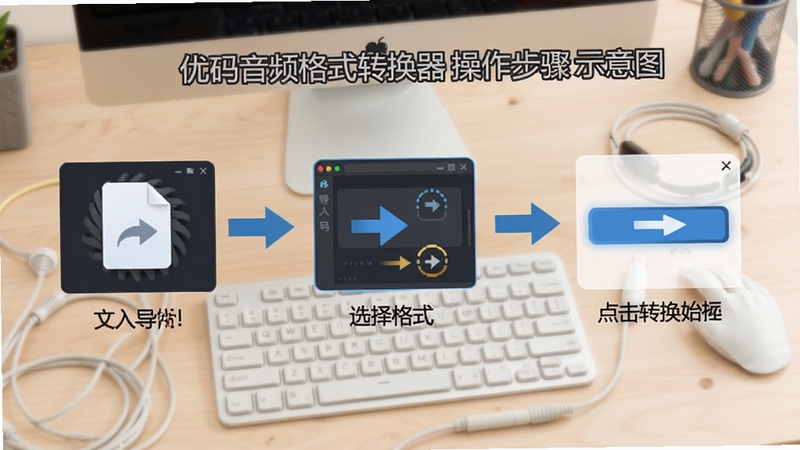 优码音频格式转换器操作步骤示意图,画面展示从导入文件到选择格式再到点击转换的完整流程,背景为浅色工作台,突出步骤清晰易懂