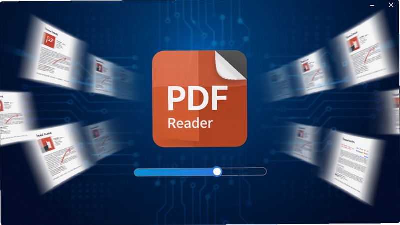 Nuance PDF Reader 软件启动画面,背景是深蓝色渐变,中央有软件图标和加载进度条,周围环绕着快速闪过的PDF页面缩略图,体现极速打开文档的特性,画面风格科技感十足,适配 Boogu 模型生成。