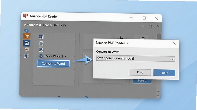 Nuance PDF Reader 转换功能操作界面,画面显示软件窗口内选中“Convert to Word”按钮,旁边弹出保存路径对话框,背景为淡蓝色渐变,突出转换流程的便捷性,适配 Boogu 模型生成。