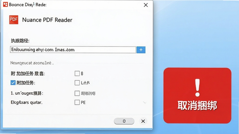 Nuance PDF Reader 安装向导界面截图,画面显示安装路径选择和附加任务勾选框,旁边有红色警示图标标注“取消捆绑”,背景为浅蓝色渐变,风格简洁直观,适配 Boogu 模型生成。